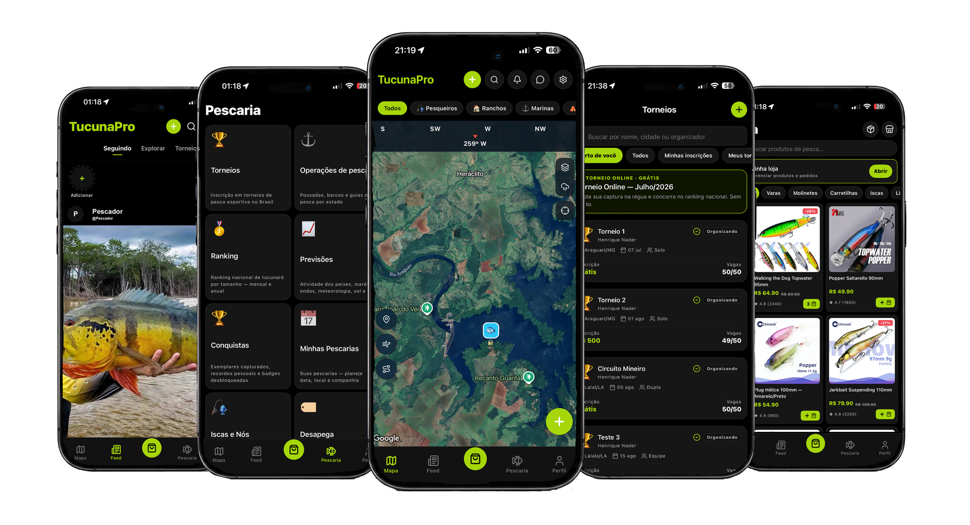 Telas do app TucunaPro: mapa, feed, pescaria, torneios e marketplace